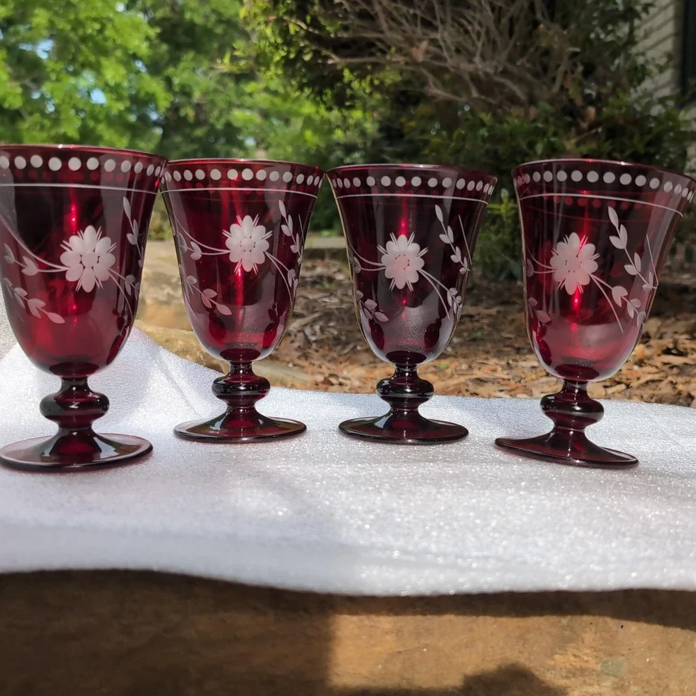 Williams Sonoma Goblet Set Ruby Red Vintage Cut to Clear Floral Glass Etched 4pc